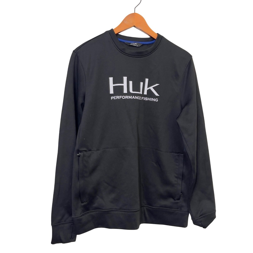 Huk Mens Performance Fishing Crewneck Sweatshirt Black Size S Thumbholes Pocket